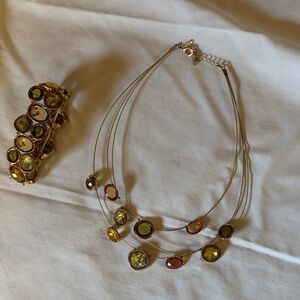 Gold-Tone Multi-Stone Layered Necklace and Bracelet Set - Green and Amber Stones